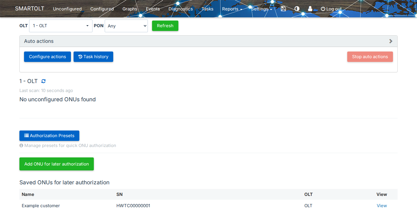 Saved ONUs for later authorization on the Unconfigured page