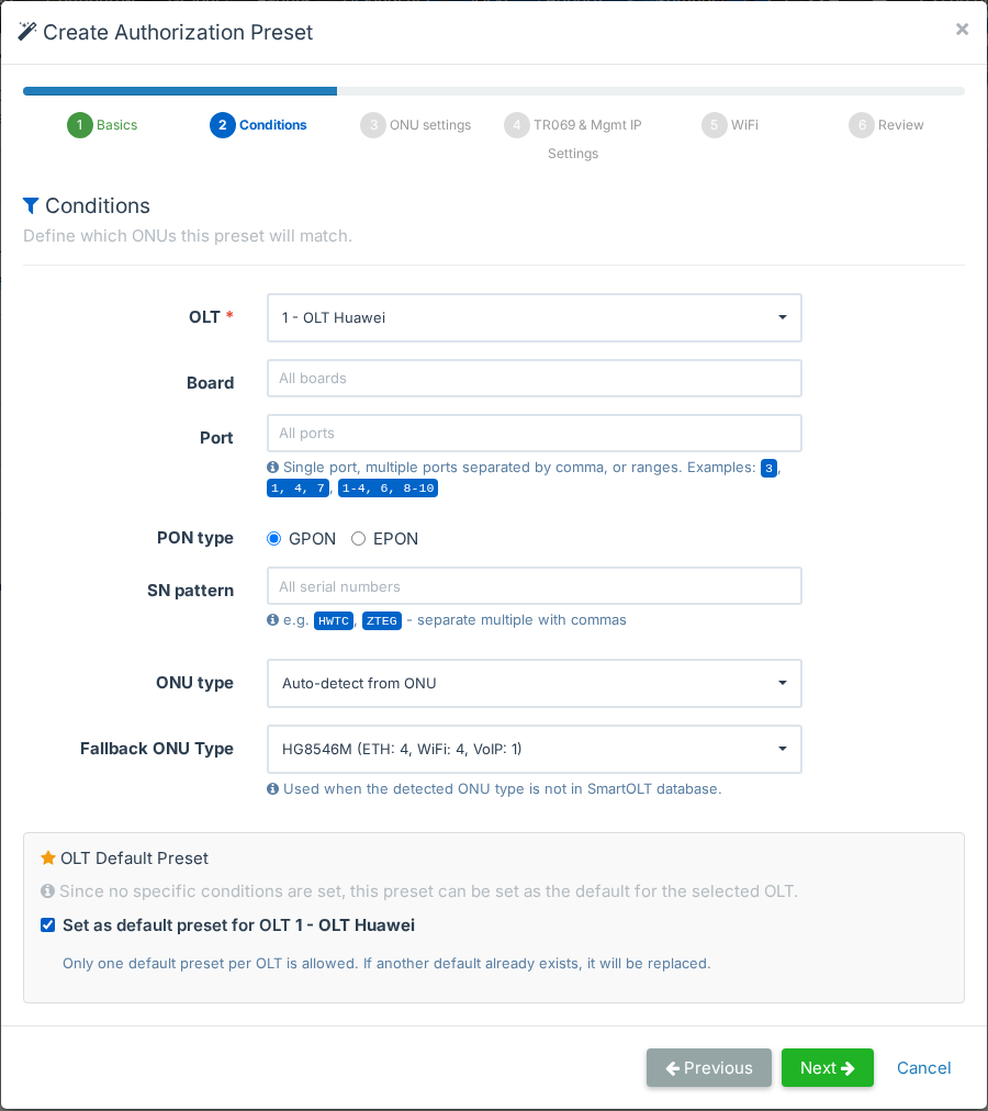 Wizard step 2: Conditions with Auto-detect and Fallback ONU Type
