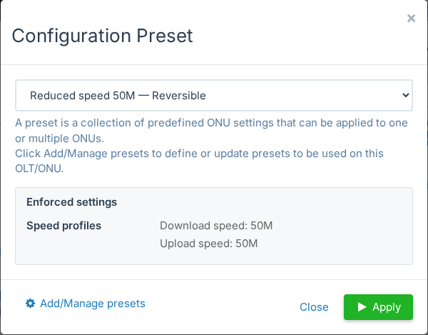 Configuration Preset window with a preset selected