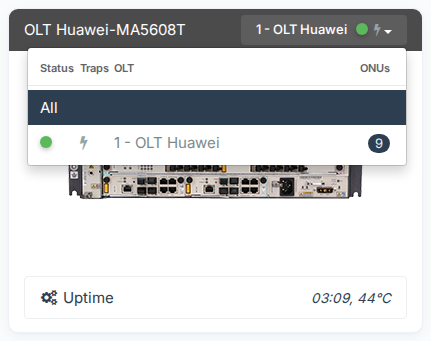 OLT panel of an account with one OLT, with the OLT list open