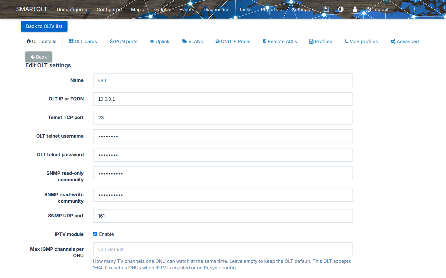 Edit OLT settings with IPTV module enabled