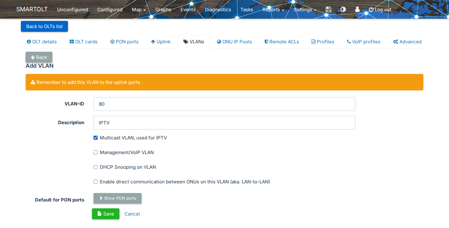 Add VLAN form with Multicast VLAN, used for IPTV