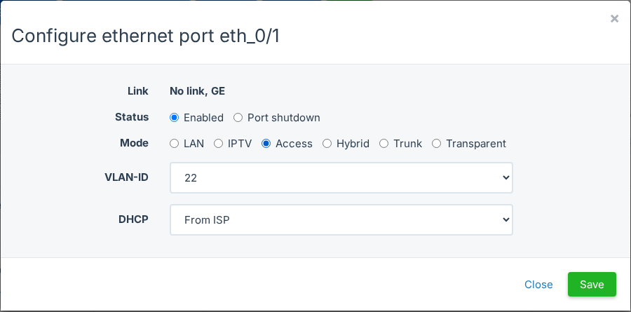 Configure ethernet port, modul Access