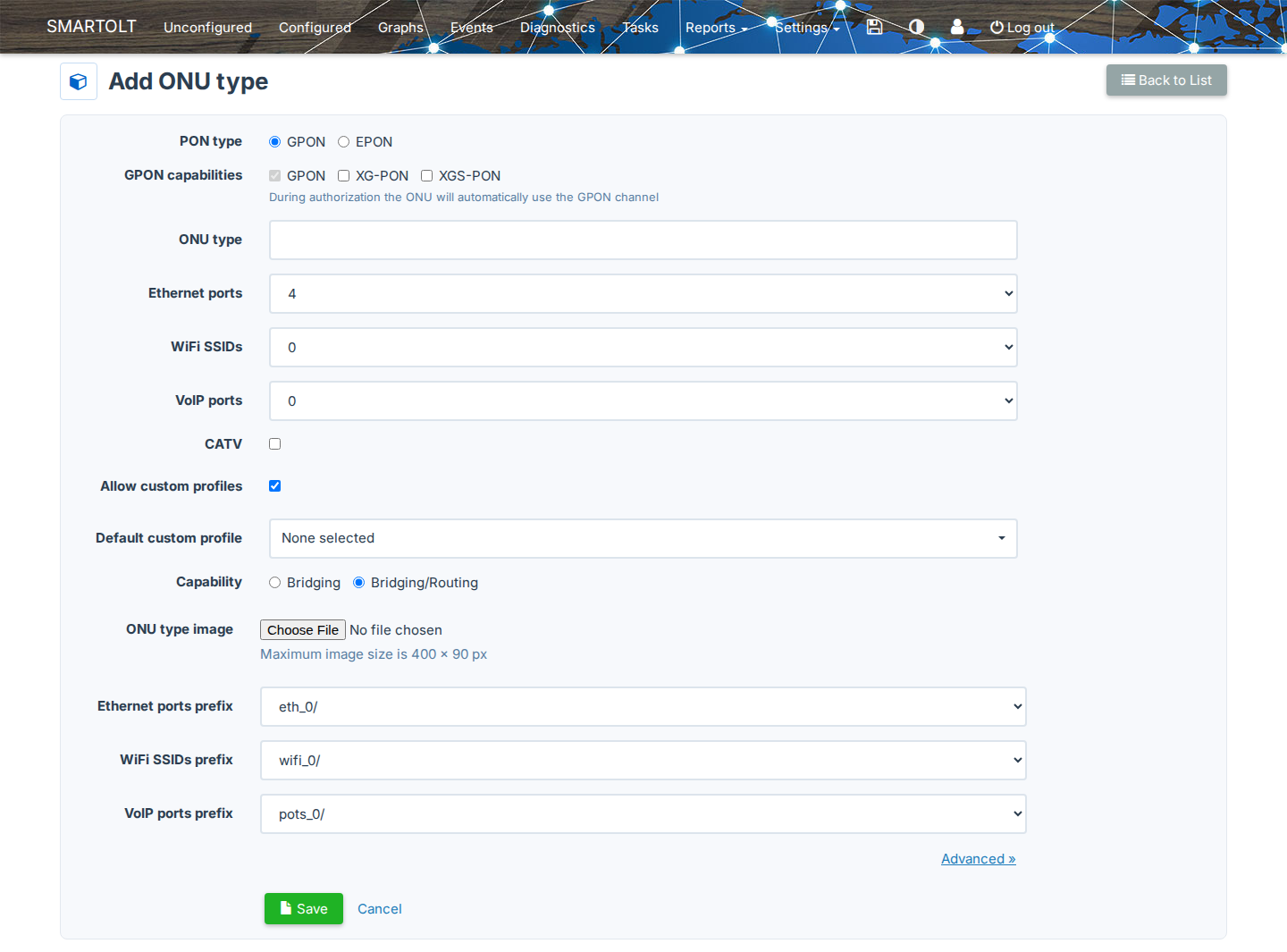 Add ONU type form, with Advanced open
