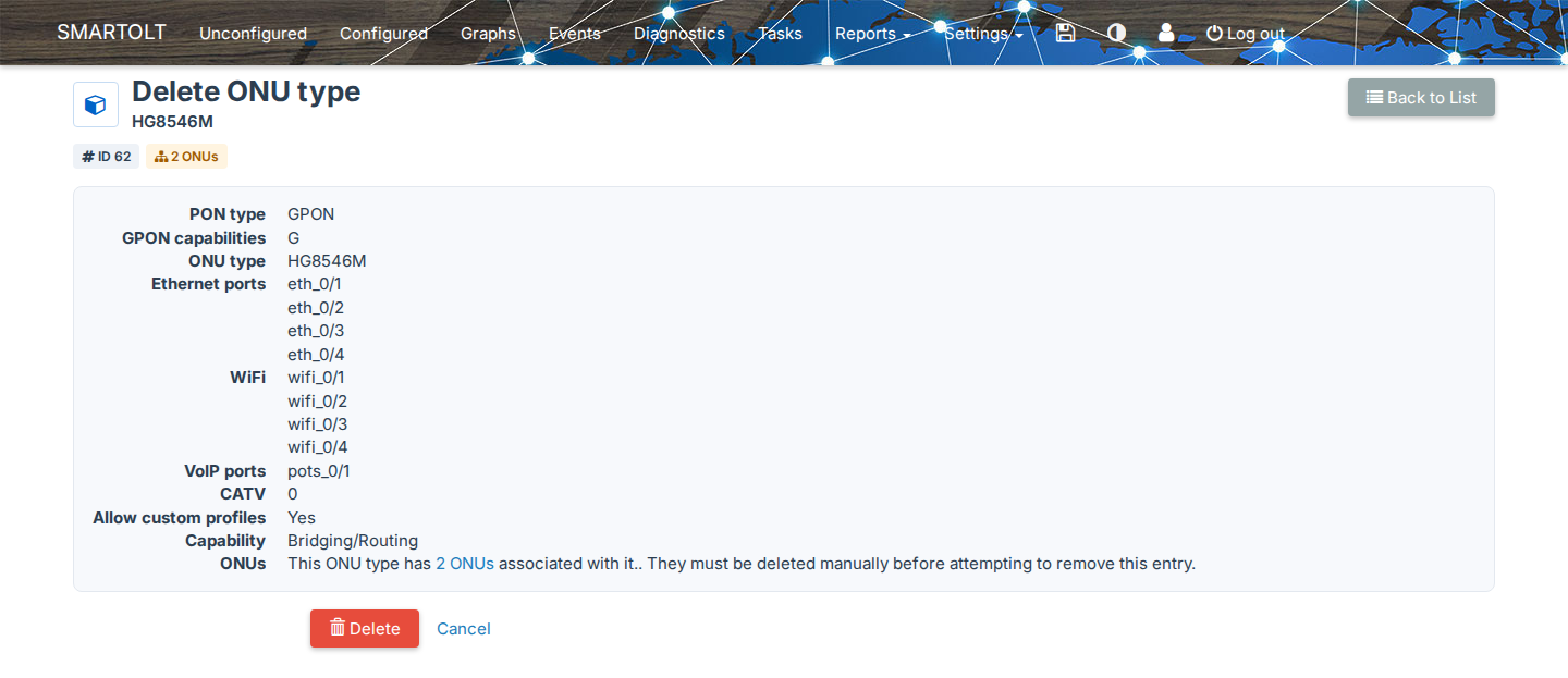 Delete ONU type page for a type with ONUs