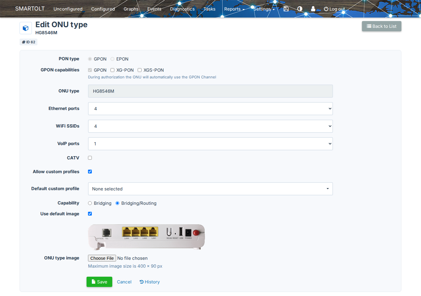 Edit ONU type form