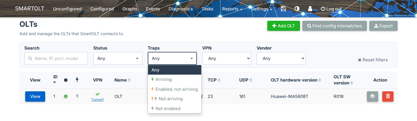 OLT list with the Traps filter open