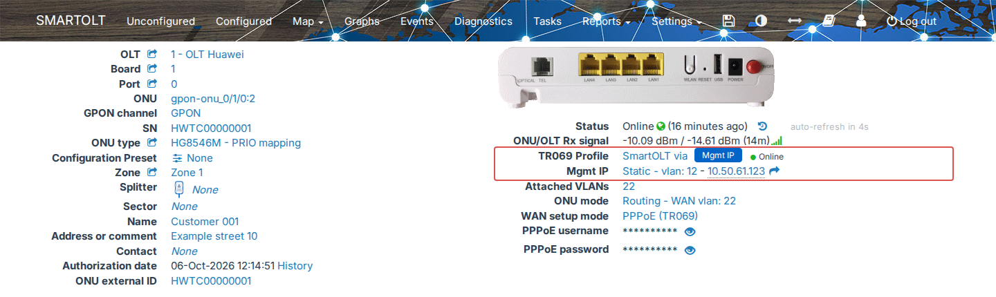 Pagina ONU-ului, rândurile TR069 Profile și Mgmt IP
