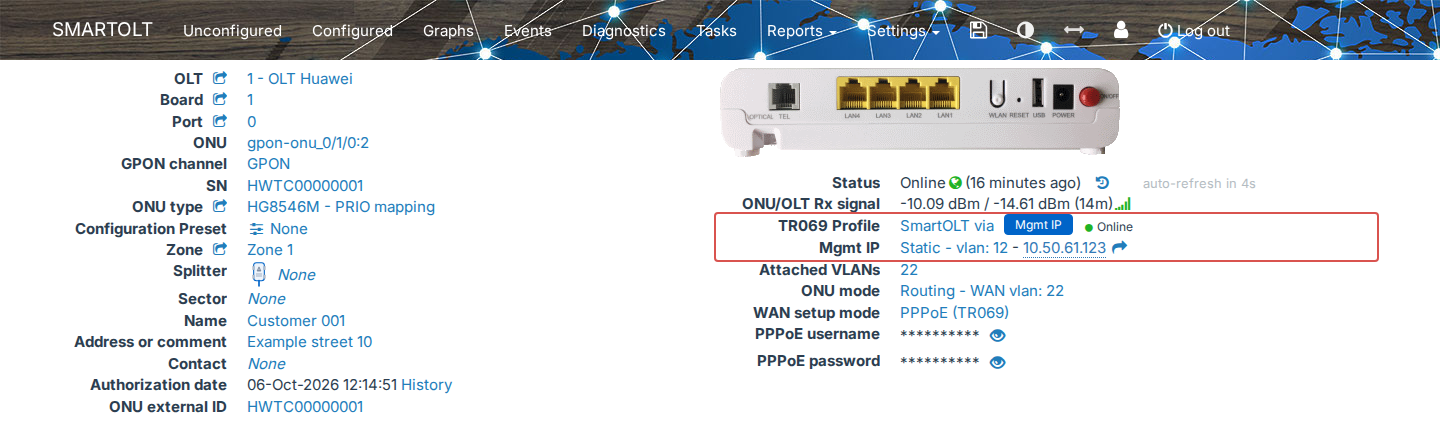 ONU page, TR069 Profile and Mgmt IP rows