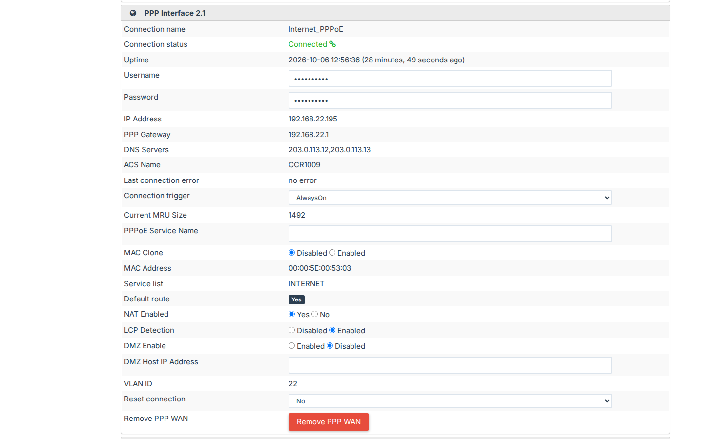 TR069 Stat → PPP Interface: Connected