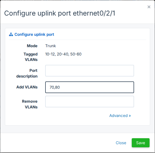 Configure uplink port window with Add VLANs