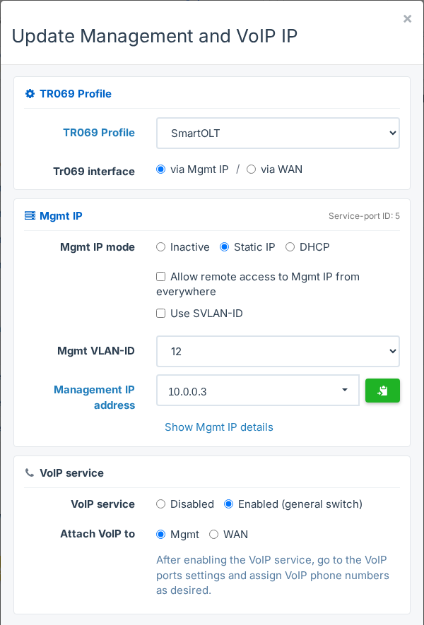 Update Management and VoIP IP window, VoIP service section