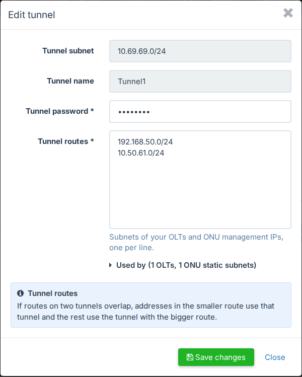 Edit tunnel window with two tunnel routes
