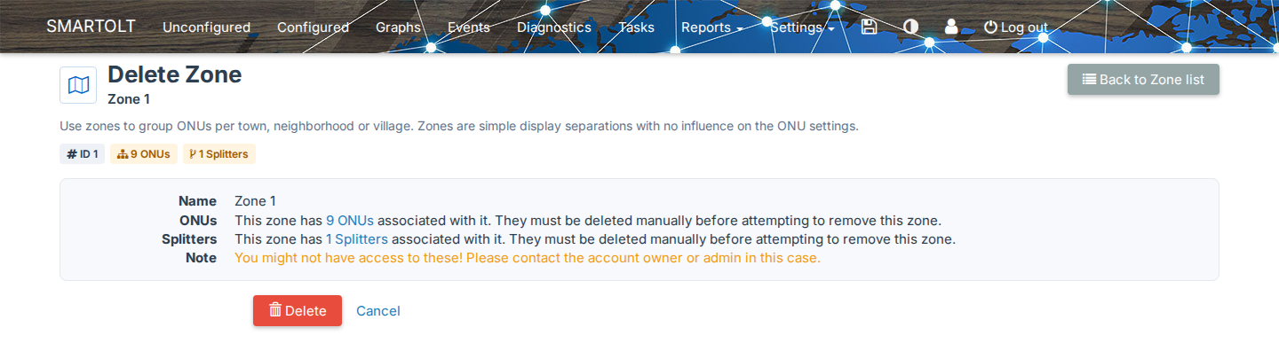 Delete Zone for a zone that still has ONUs and splitters